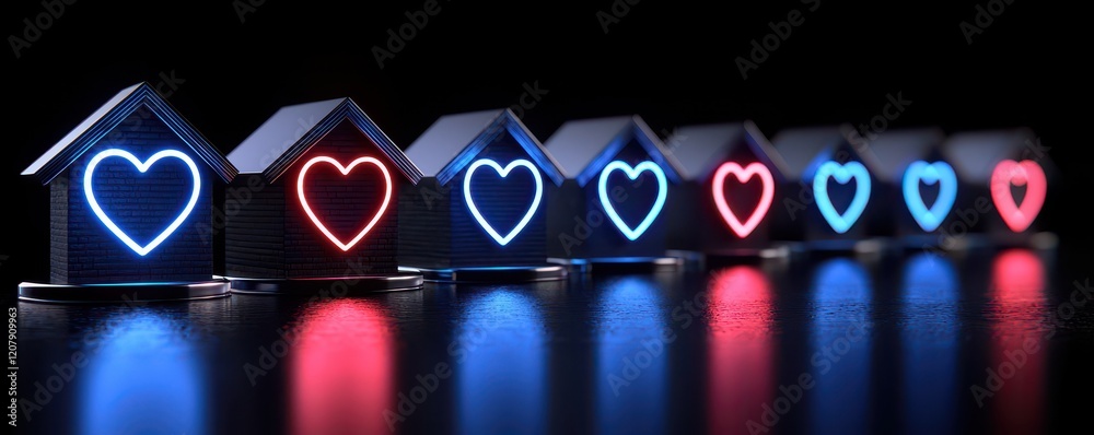 Fototapeta premium Colorful illuminated houses with heart shapes, symbolizing love and community. Ideal for home decor or romantic themes.