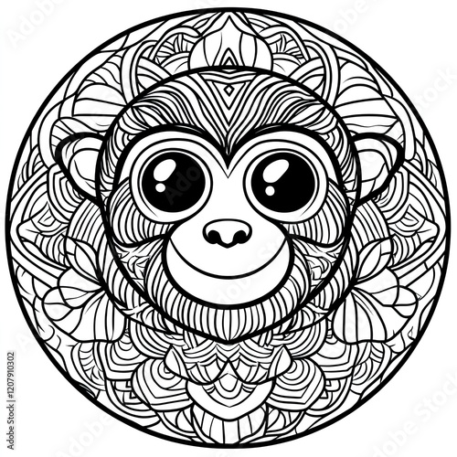 Zentangle Monkey Mandala Coloring Book Page Simple Illustrations for Kids