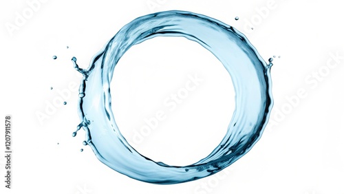 3d render, digital illustration, blue wave, water splashing round frame, aqua, clear liquid splash isolated on white background, swirling water design with clean transparent splash effect