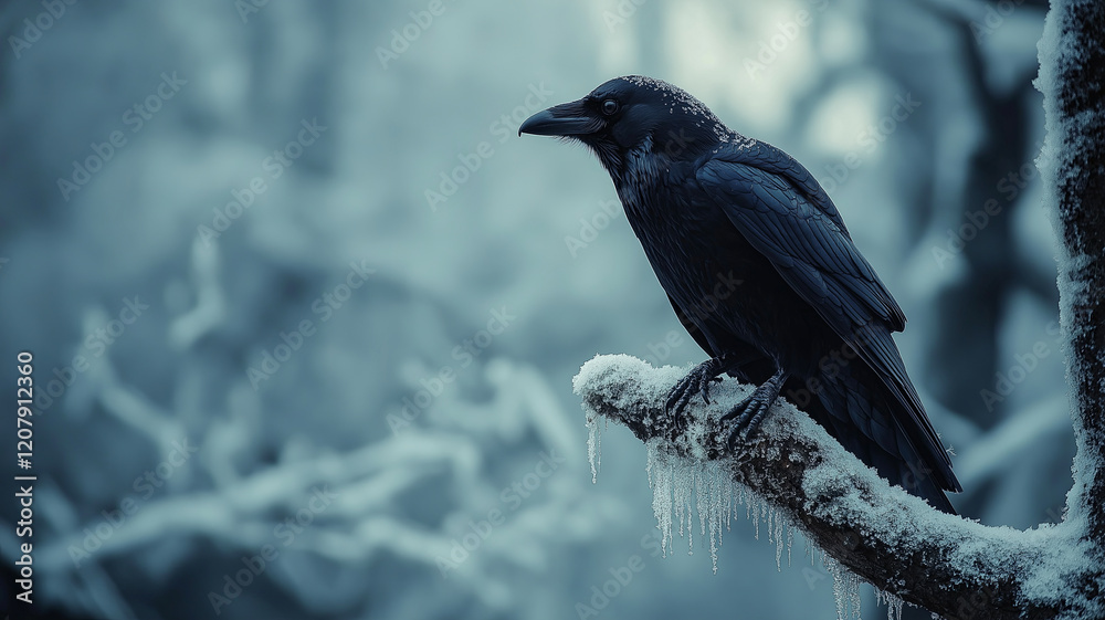 A solitary raven perched on a frosty branch, its dark feathers contrasting beautifully against a soft, snowy winter background. A solitary raven perched on a frosty branch, its dark feathers contrasting beautifully against a soft, snowy winter background.
