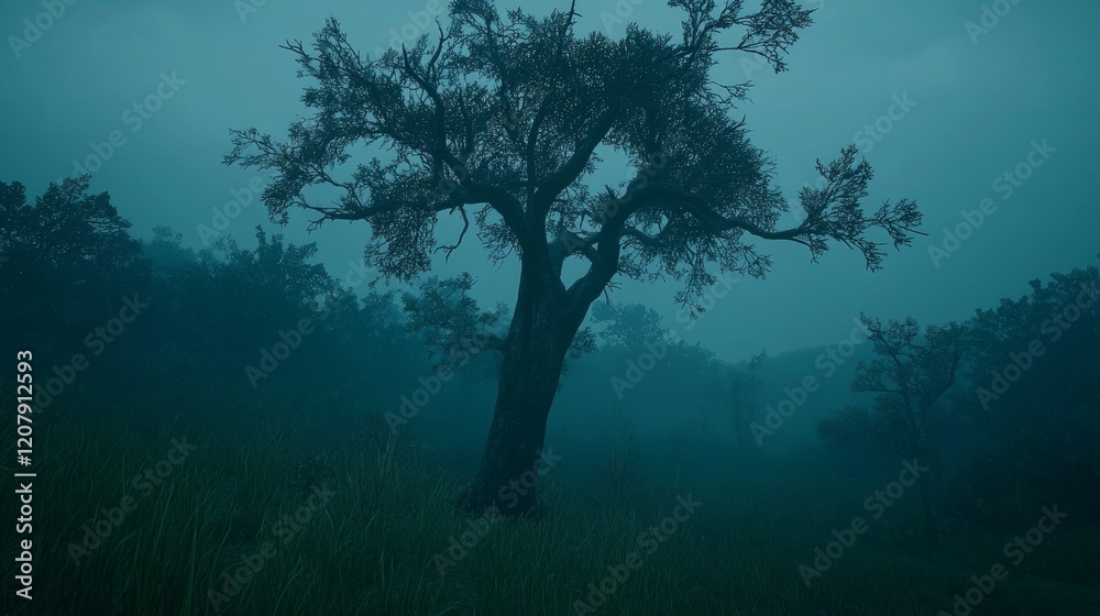 Lone Tree in Misty Forest at Dusk Lone Tree in Misty Forest at Dusk