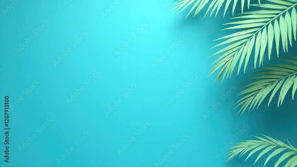Fototapeta premium Tropical palm leaf against turquoise background