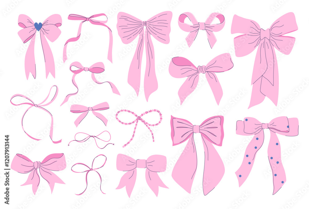 Set of pink bows. Cute minimalistic coquette bows. Vintage ribbon elements for party decoration, gift wrapping, hairstyle, textile print. Hand drawn flat design vector illustration. Set of pink bows. Cute minimalistic coquette bows. Vintage ribbon elements for party decoration, gift wrapping, hairstyle, textile print. Hand drawn flat design vector illustration.