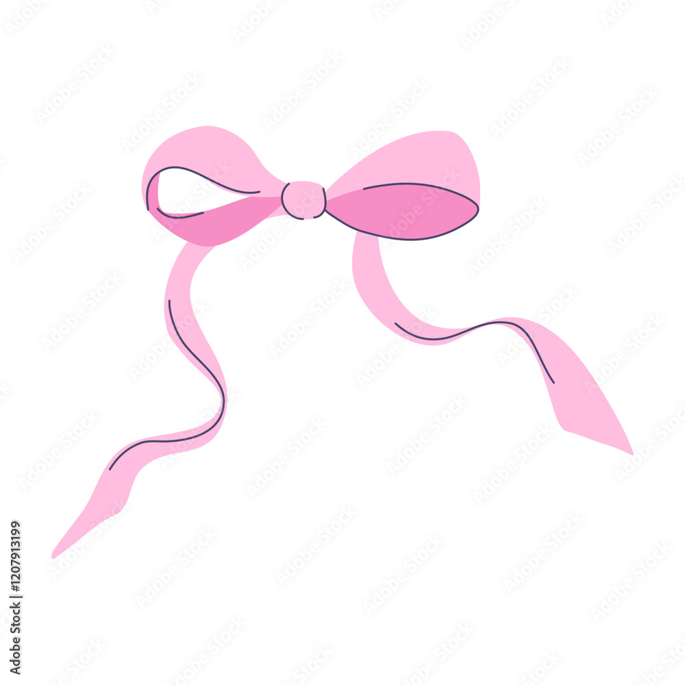 Delicate pink ribbon achieves soft and elegant look with flowing ends tied in neat bow. Suitable for decoration or gift wrapping. Hand drawn flat design vector illustration. Delicate pink ribbon achieves soft and elegant look with flowing ends tied in neat bow. Suitable for decoration or gift wrapping. Hand drawn flat design vector illustration.