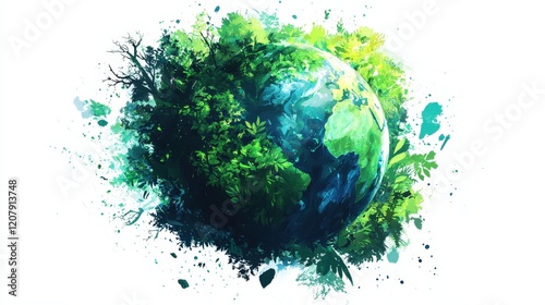 Artistic illustration of Earth with vibrant blue and green tones, surrounded by dynamic splatters symbolizing harmony and sustainability. Perfect for environmental and eco-friendly themes.