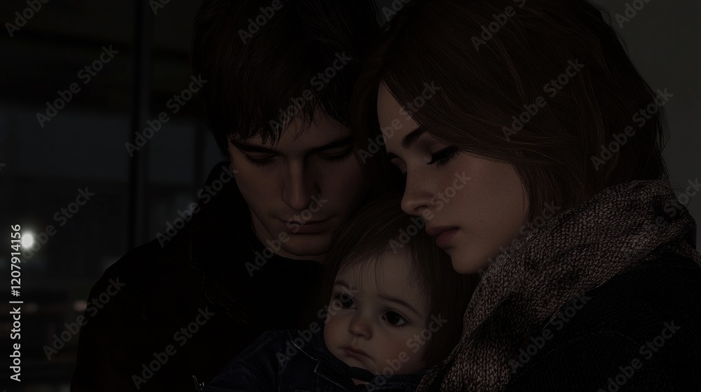 Loving Family Portrait Nighttime Embrace with Child Loving Family Portrait Nighttime Embrace with Child