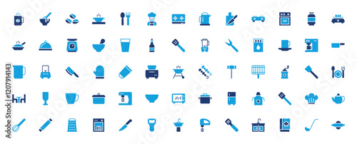 Set of Kitchen Items icon. Pot, Coffee Maker, Bowl, Microwave Oven, Freeze, Apron, Spatula, Chef, Kettle, Mixer, Rolling Pin, Cheese Grater, Dishwasher, Knife, Bottle Opener vector illustration. 