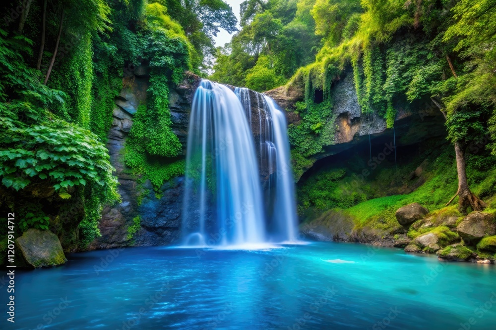 Blue dripping waterfalls down a stone cliffside, with lush green foliage in the background, riverbed, outdoor location Blue dripping waterfalls down a stone cliffside, with lush green foliage in the background, riverbed, outdoor location