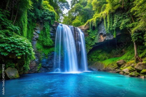 Blue dripping waterfalls down a stone cliffside, with lush green foliage in the background, riverbed, outdoor location