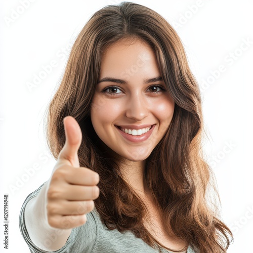 Portrait of a smiling woman pointing and giving a thumbs up, isolated on white background