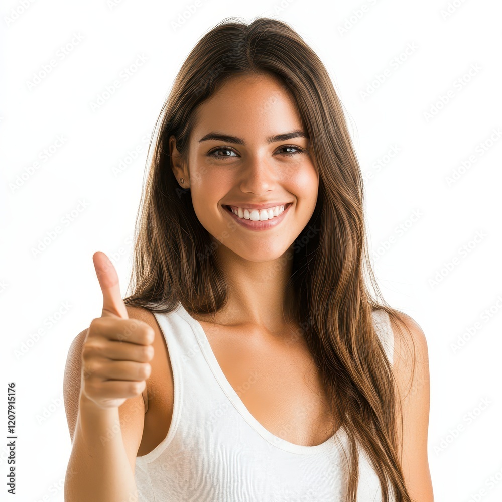 Portrait of a smiling woman pointing and giving a thumbs up, isolated on white background Portrait of a smiling woman pointing and giving a thumbs up, isolated on white background