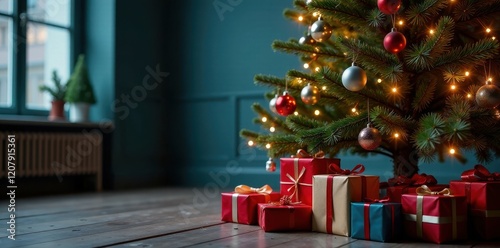 Lit Christmas tree with colorful presents under it, christmas tree, cozy ambiance photo