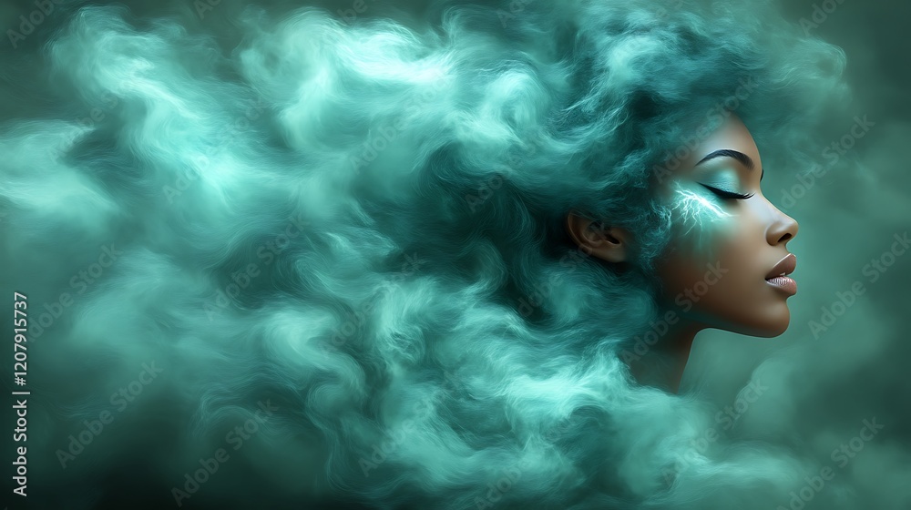 Serene Woman with Teal Ethereal Hair Serene Woman with Teal Ethereal Hair