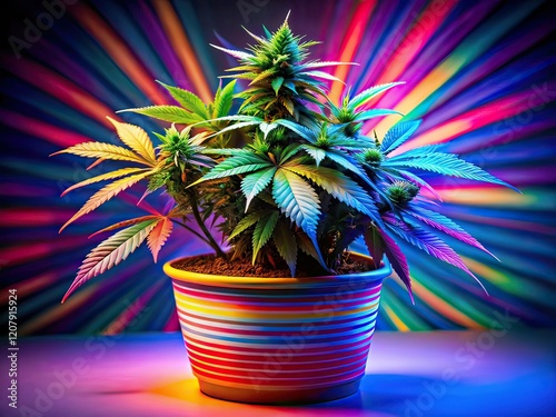 Marijuana Plant in Striped Flower Pot - Abstract Conceptual Photography photo