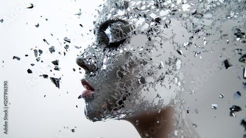 Side-view portrait of woman face with fragmented mirror texture exploding into shards, representing art, elegance, and transformation.