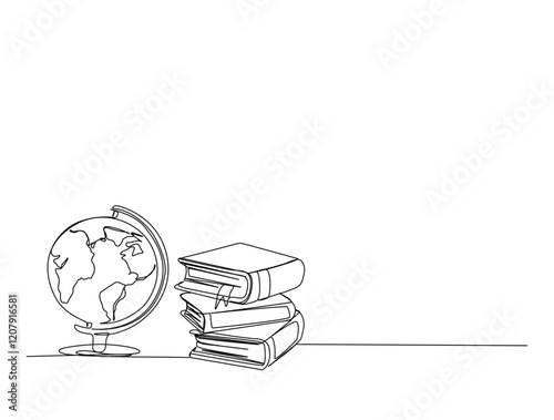 Continuous one line drawing of stack of book and globe world map. Book for idea, school, knowledge and literacy concept illustration. Editable stroke.