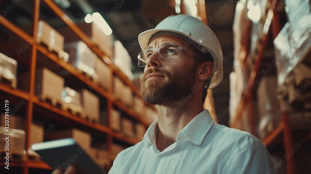 Warehouse operations worker analyzing inventory logistics center photo Warehouse operations worker analyzing inventory logistics center photo