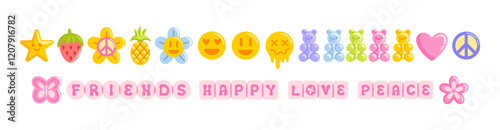 Colorful plastic beads for DIY projects, perfect for crafting trendy bracelets with letter charms. Embrace 90s-inspired jewelry designs and create fun, funky accessories for kids in a vector style
