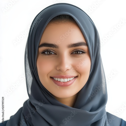 Portrait of a smiling, beautiful Muslim female model wearing a hijab, isolated on white background