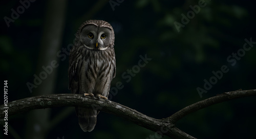 owl perched on a tree branch at night