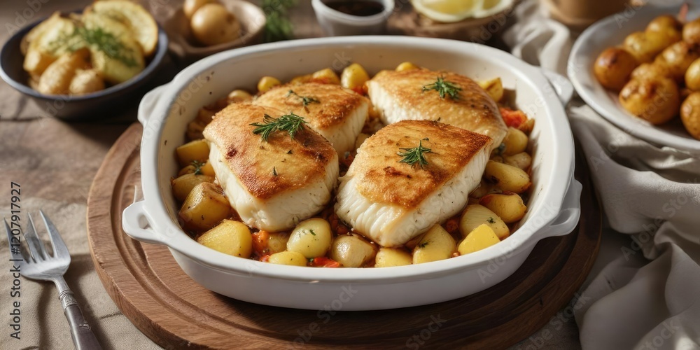 Baked codfish with potatoes and onions in a traditional Portuguese dish, Porto, dish, oven Baked codfish with potatoes and onions in a traditional Portuguese dish, Porto, dish, oven