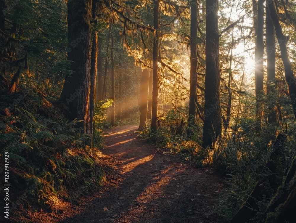 Obraz premium Sunlight filtering through trees on a serene forest path nature photography oregon evening tranquil atmosphere