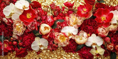 Red and gold floral arrangements with peonies and orchids for Chinese New Year