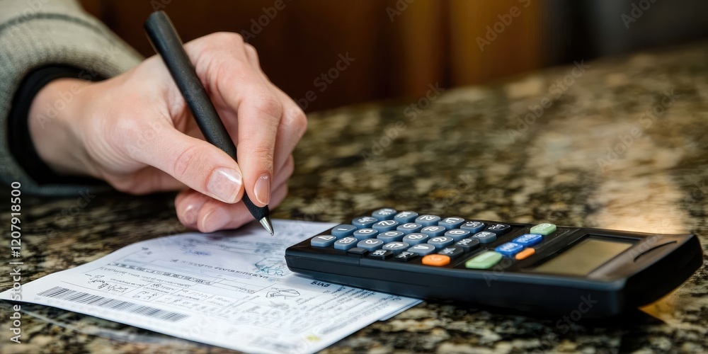Fototapeta premium A person calculating expenses on a receipt with a calculator.