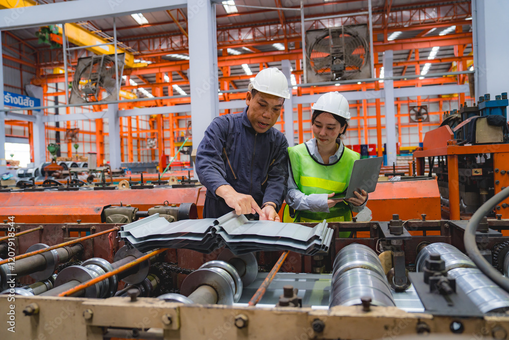 Fototapeta premium Female Japanese expertise engineering manager or Mechanic are working, planning or discussing with engineer about metal sheet and machine quality in factory, Inspector checking safety of manufacturing