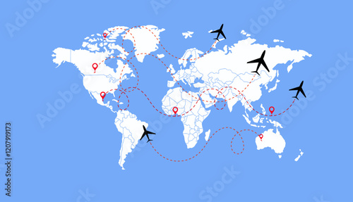Dotted Direction Paths And Map Pointers Over World Map., Airplanes World Map, Vector illustration 
