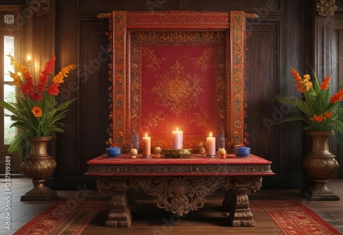 an ornate canang sari offering placed on a wooden altar, ancient ritual, ornate decoration photo