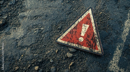 Road sign triangular shape with exclamation mark on a background of asphalt. The texture of the tarmac, top view.