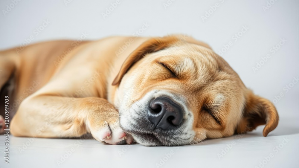 An older dog lying comfortably with its eyes closed and a hint of a smile on its face on a plain white surface, calm expression, gentle creature An older dog lying comfortably with its eyes closed and a hint of a smile on its face on a plain white surface, calm expression, gentle creature