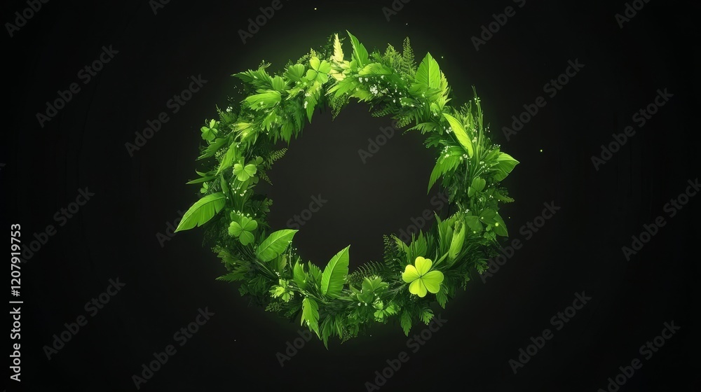 Lush Green Wreath of Leaves and Clovers Lush Green Wreath of Leaves and Clovers