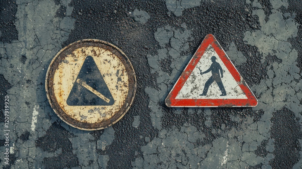 Road signs of the circular and triangular shape with a picture of a worker on a background of asphalt. Pointer. The texture of the tarmac, top view. Road signs of the circular and triangular shape with a picture of a worker on a background of asphalt. Pointer. The texture of the tarmac, top view.