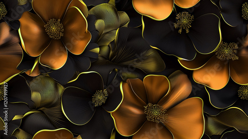 Nahtloses Hintergrundbild mit Blumenmuster in schwarz, bronze, gelb photo