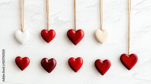 Red and white heart ornaments hang on twine photo