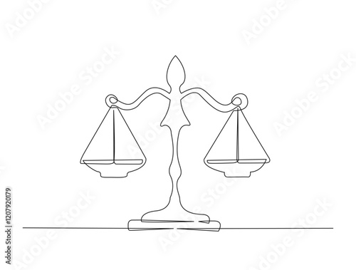 Continuous one line drawing of judicial scales or law scales. Libra symbol in single outline vector illustration. Editable stroke.