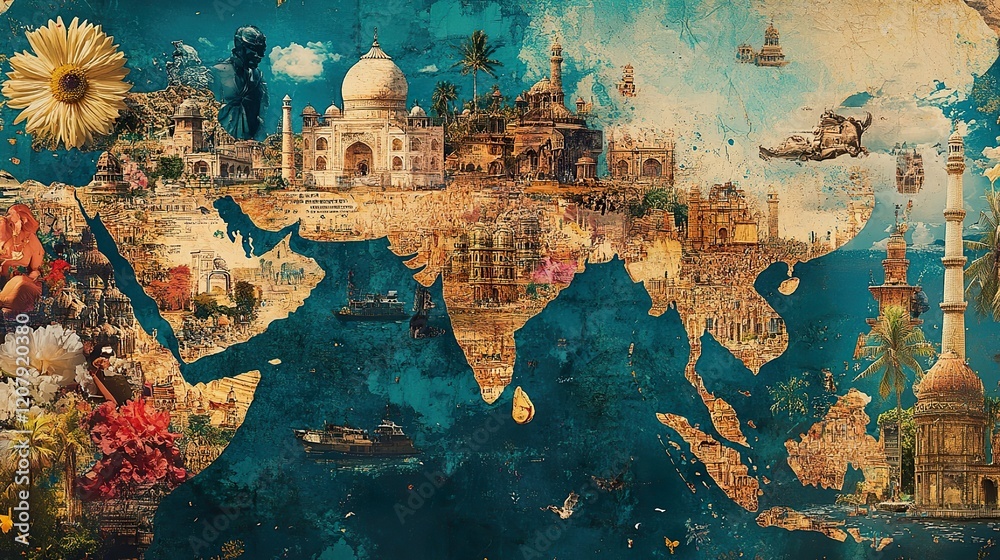 Fototapeta premium A collage-style map of India, integrating elements of nature and culture, with bright colors and textures,