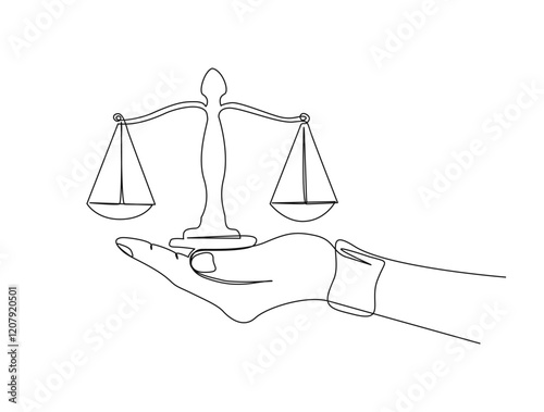 Continuous one line drawing of hand holding judicial scales or law scales. Libra symbol in single outline vector illustration. Editable stroke.