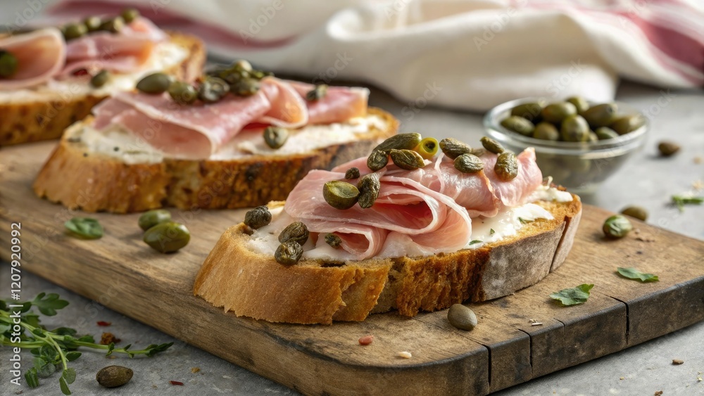 Close-up shot of crispy country bread slices with caramelized edges topped with salty ham and pickled capers, , crispy, capers, country, snacks Close-up shot of crispy country bread slices with caramelized edges topped with salty ham and pickled capers, , crispy, capers, country, snacks