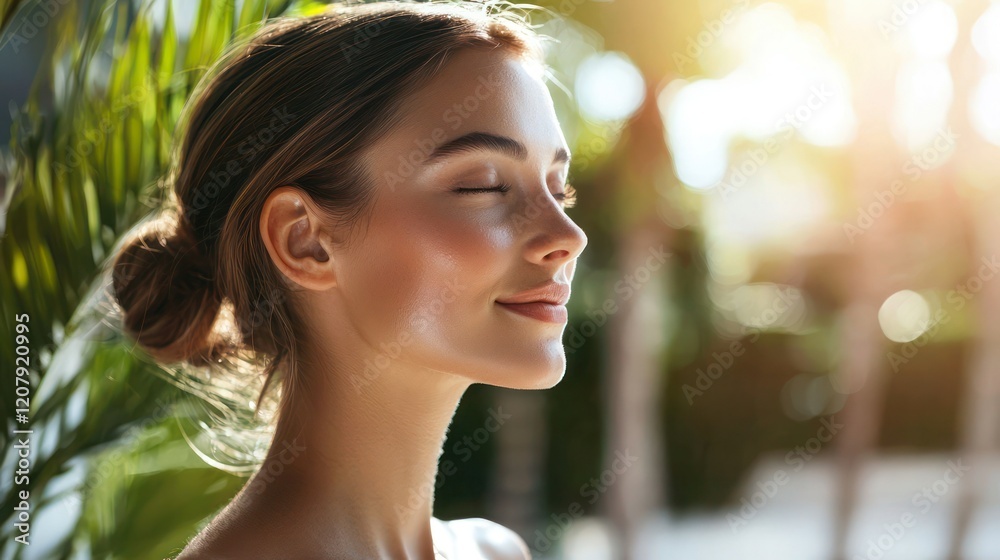 Side profile of a woman with even-toned, glowing skin in natural sunlight Side profile of a woman with even-toned, glowing skin in natural sunlight