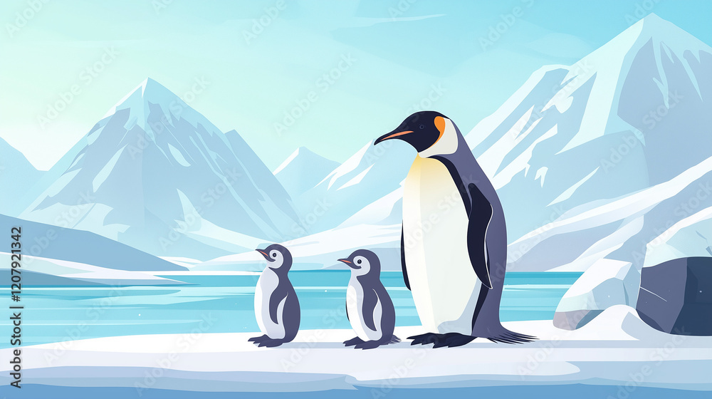 Obraz premium A penguin with its babies standing of an ice land.