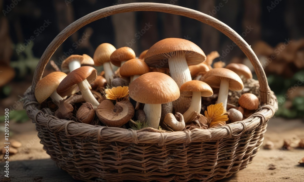 Close-up of various wild mushrooms in a rustic woven basket, season, outdoors Close-up of various wild mushrooms in a rustic woven basket, season, outdoors