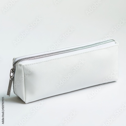 White zippered rectangular pencil case isolated on white background.