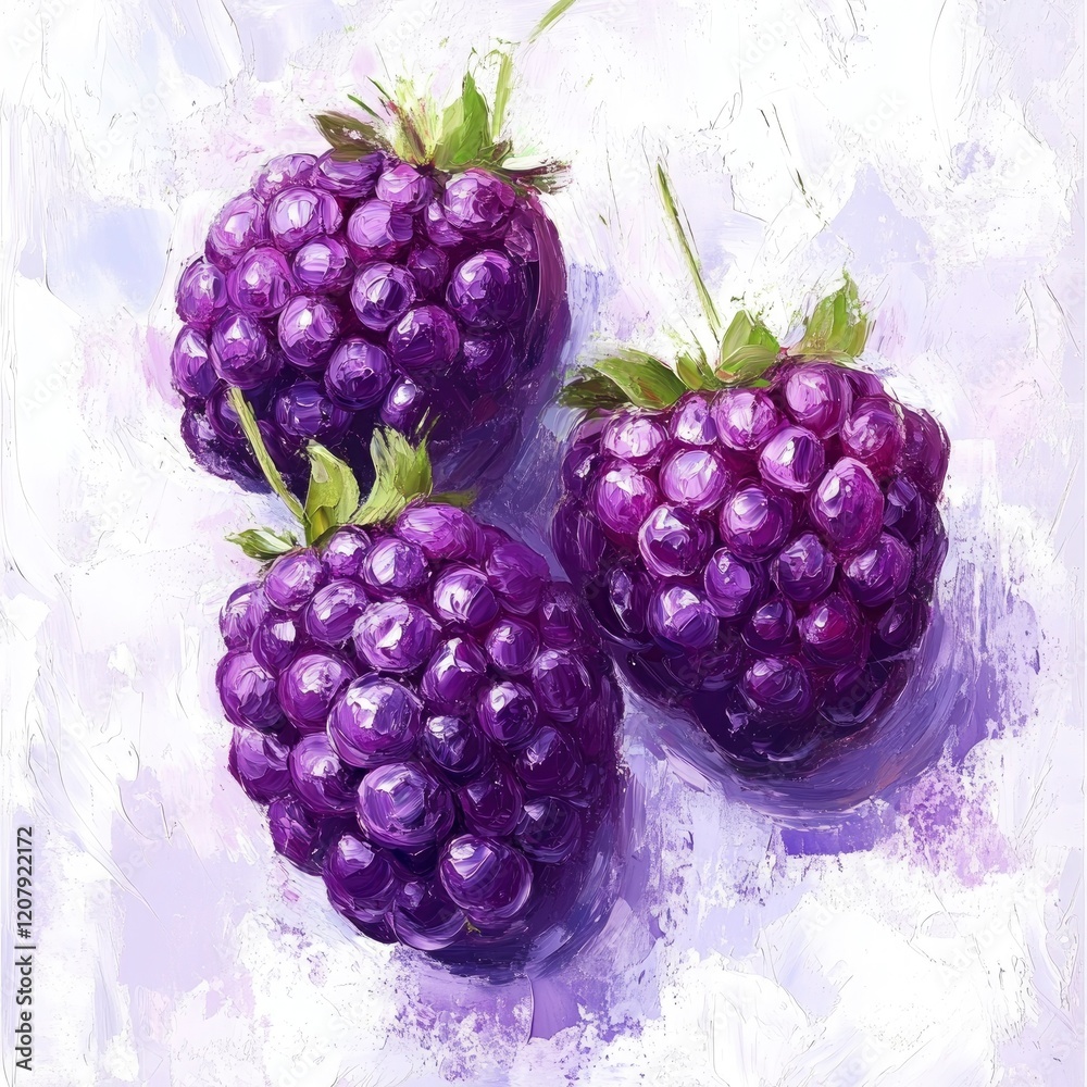 Fototapeta premium Oil painting of beautiful Marionberries impressionism style, accented brush strokes and paint blobs