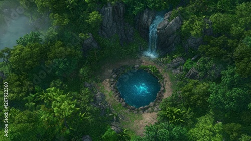 Lush Tropical Waterfall and Secluded Pond in Jungle