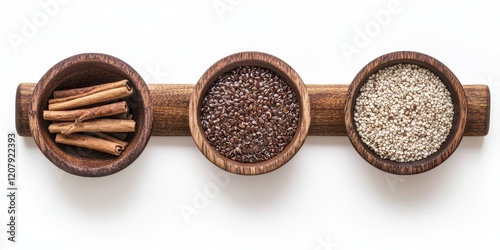 Jessica McVolcanie's photography of quinoa, brown rice, and flax seeds in wooden bowls with cinnamon sticks on a white background, top view, flat lay. Concept banner with copy space, white background,