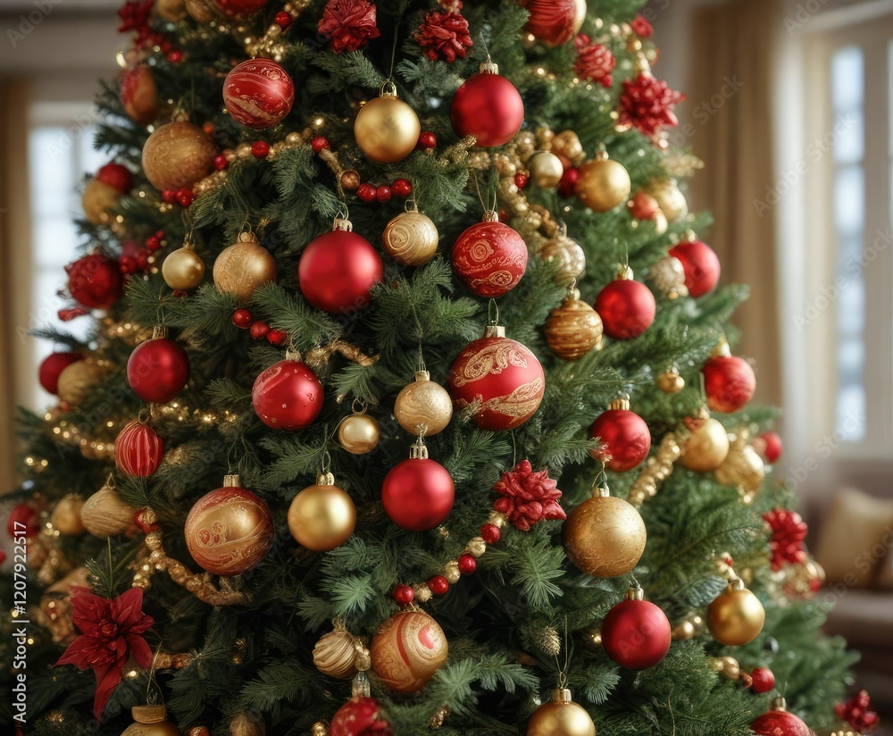 Fototapeta premium Close-up of decorated Christmas tree with red and gold accents, shiny decorations, holiday spirit