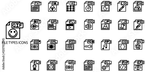 File type simple concept 40 icons set. Contains such EPS, PDF, PSD, AI, XL, PPT, EXE etc. Vector illustration.